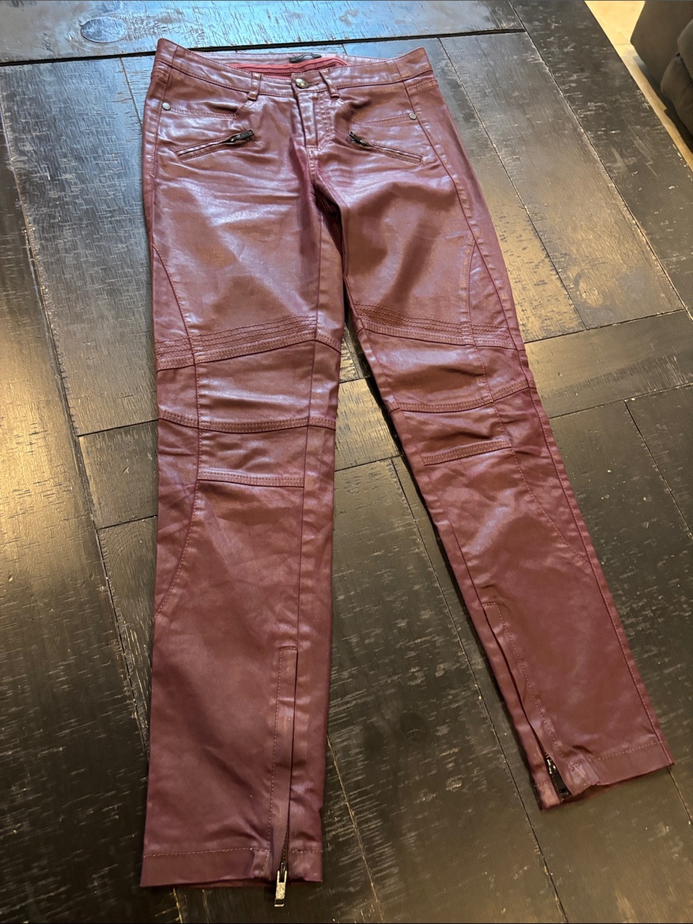 Ikks Deep Wine Red Coated Moto Y2K Jeans Pants Size 26